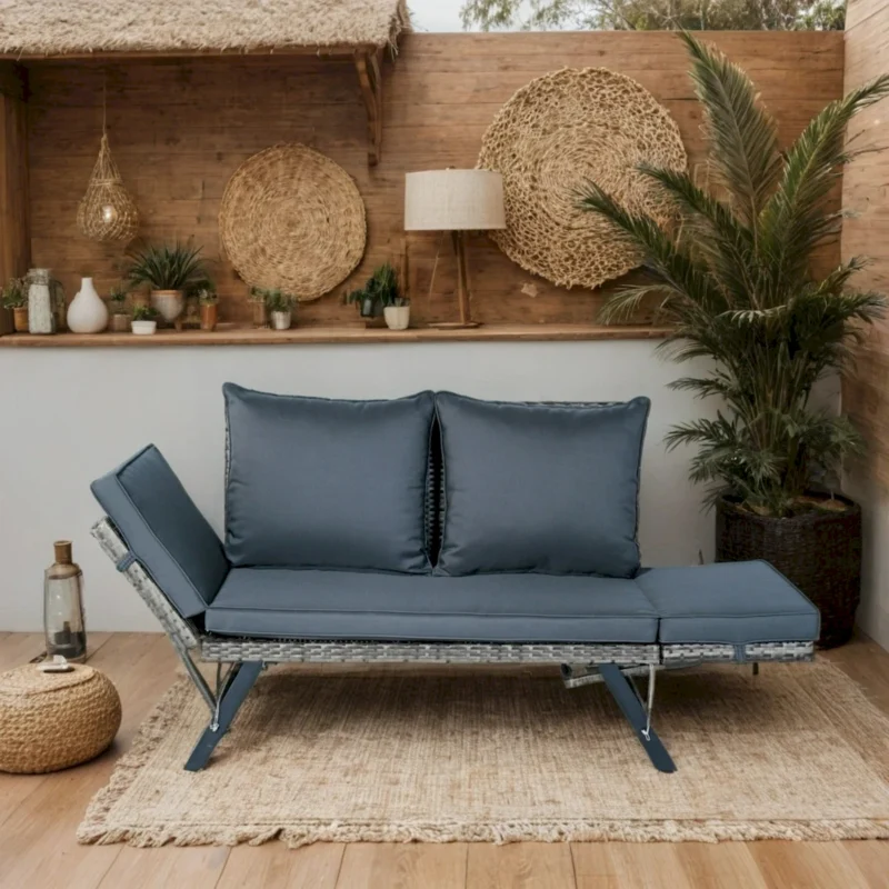 1 PCS Patio Wicker Side Foldable Bench Patio Backyard Conversation Bench Grey Wicker + Dark Grey Cushion - Image 15