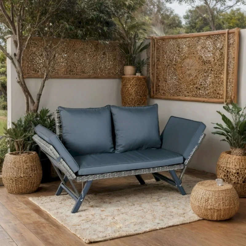 1 PCS Patio Wicker Side Foldable Bench Patio Backyard Conversation Bench Grey Wicker + Dark Grey Cushion - Image 16