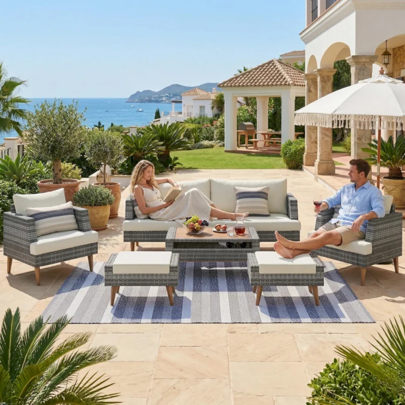 6-Pieces All Weather PE Wicker Sofa Set, Outdoor Rattan sofa With Double Cushions, Wood Legs Wood Table Top, Beige and Gray - Image 16