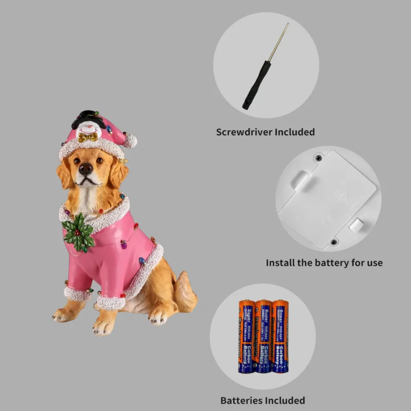 Christmas Golden Retriever Statue, Holiday Dog Figurine in Pink Santa Outfit - Image 2