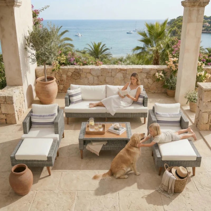 6-Pieces All Weather PE Wicker Sofa Set, Outdoor Rattan sofa With Double Cushions, Wood Legs Wood Table Top, Beige and Gray - Image 17