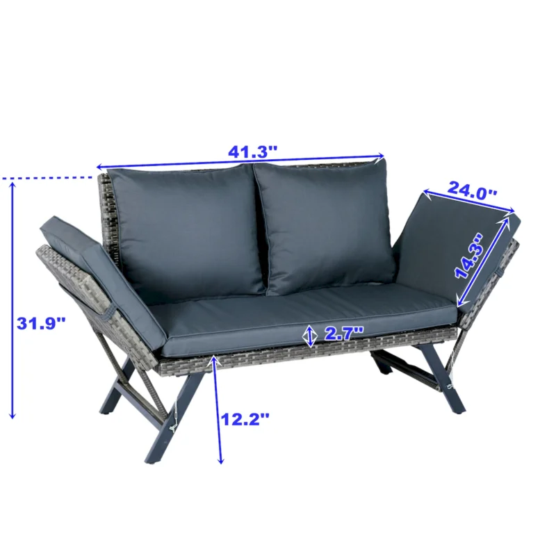 1 PCS Patio Wicker Side Foldable Bench Patio Backyard Conversation Bench Grey Wicker + Dark Grey Cushion - Image 19