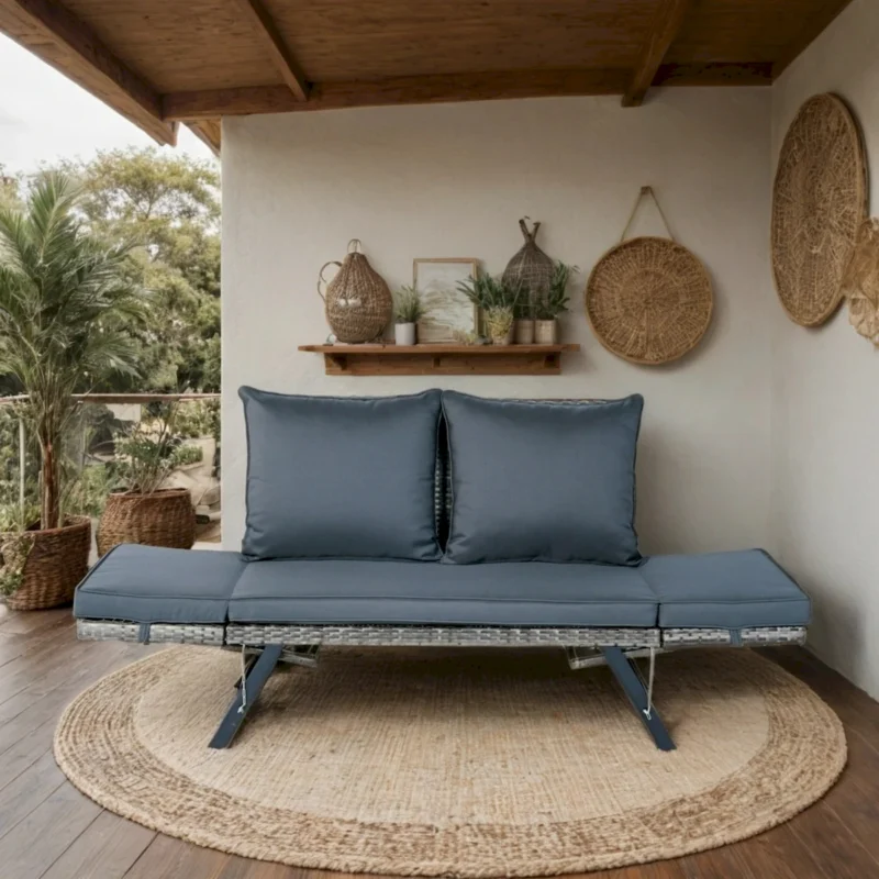 1 PCS Patio Wicker Side Foldable Bench Patio Backyard Conversation Bench Grey Wicker + Dark Grey Cushion - Image 3