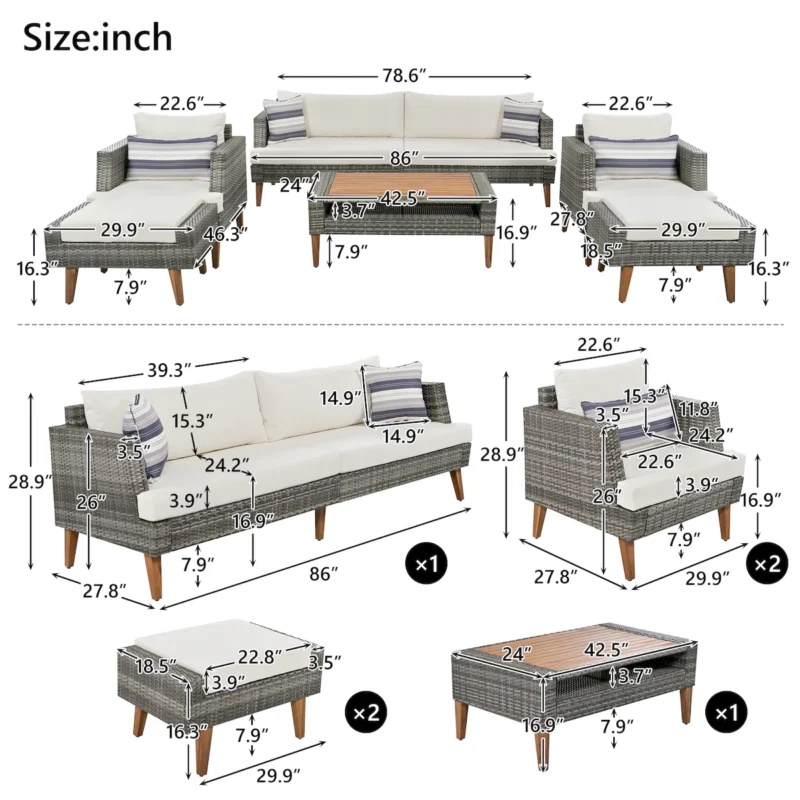 6-Pieces All Weather PE Wicker Sofa Set, Outdoor Rattan sofa With Double Cushions, Wood Legs Wood Table Top, Beige and Gray - Image 3