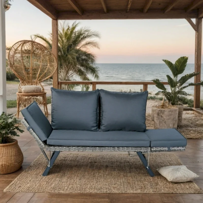 1 PCS Patio Wicker Side Foldable Bench Patio Backyard Conversation Bench Grey Wicker + Dark Grey Cushion - Image 4