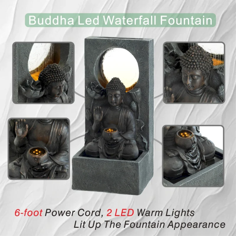 28" H Outdoor Buddha Waterfall Fountain, Freestanding Relaxing Water Feature, Asian Zen Fengshui Decor for Patio, Garden, Backyard, Deck & Home, Ideal Gift Led Fountain - Image 4