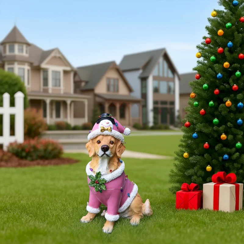 Christmas Golden Retriever Statue, Holiday Dog Figurine in Pink Santa Outfit - Image 4