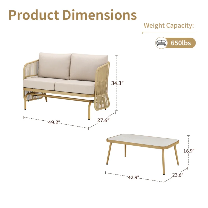 2-Person All-Weather PE Rattan Glider Loveseat with Coffee Table, Outdoor Patio Sofa Set with Beige Cushions (Weather-Resistant) - Image 6