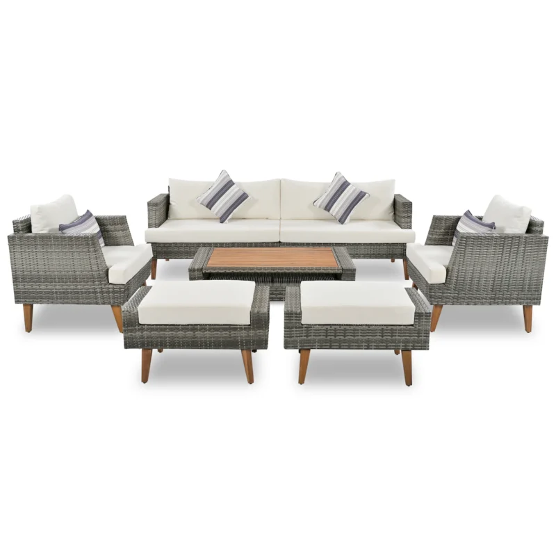 6-Pieces All Weather PE Wicker Sofa Set, Outdoor Rattan sofa With Double Cushions, Wood Legs Wood Table Top, Beige and Gray - Image 4