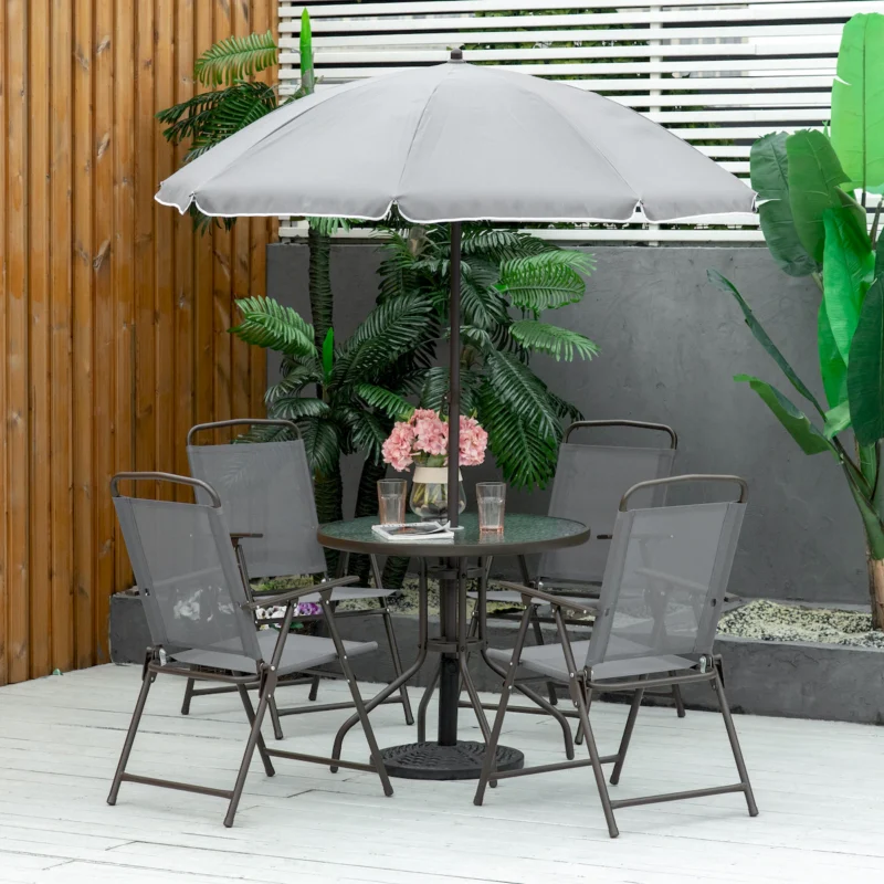 Outsunny 6 Piece Patio Dining Set for 4 with Umbrella, Outdoor Table and Chairs with 4 Folding Dining Chairs & Round Glass Table for Garden, Backyard and Poolside, Gray - Image 6