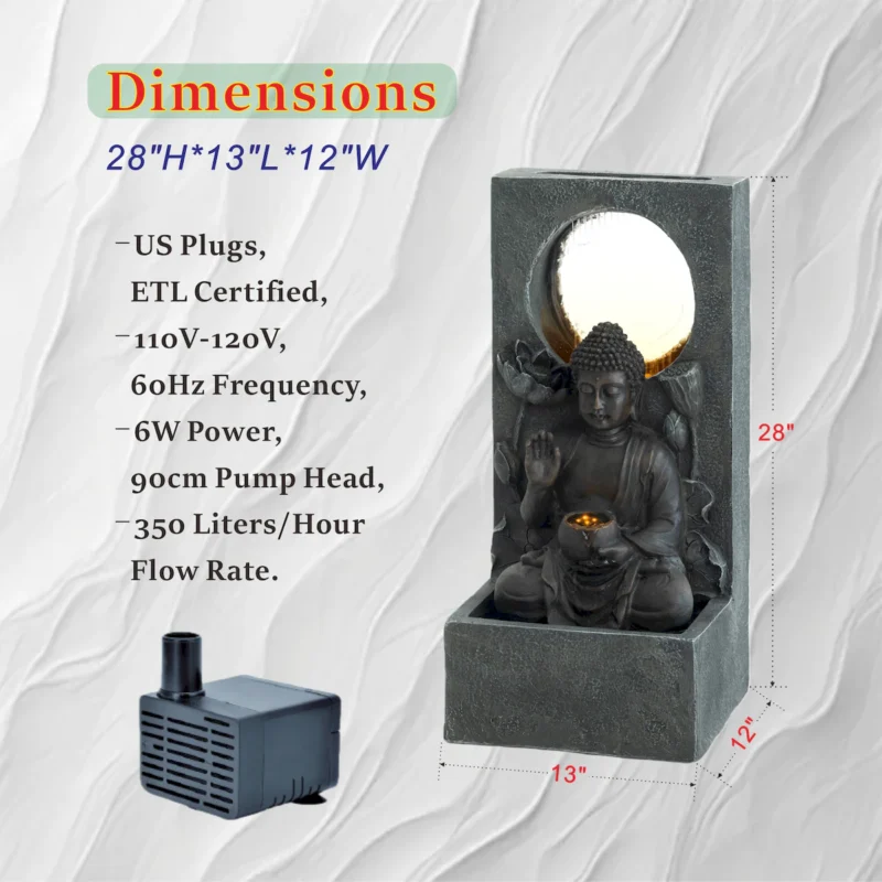 28" H Outdoor Buddha Waterfall Fountain, Freestanding Relaxing Water Feature, Asian Zen Fengshui Decor for Patio, Garden, Backyard, Deck & Home, Ideal Gift Led Fountain - Image 5