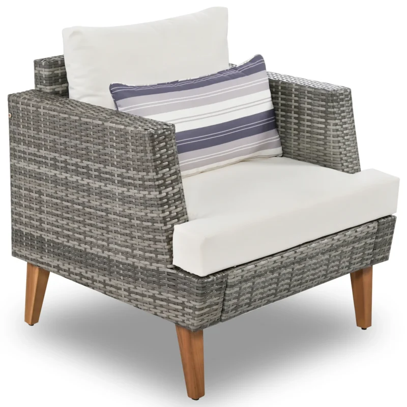 6-Pieces All Weather PE Wicker Sofa Set, Outdoor Rattan sofa With Double Cushions, Wood Legs Wood Table Top, Beige and Gray - Image 5