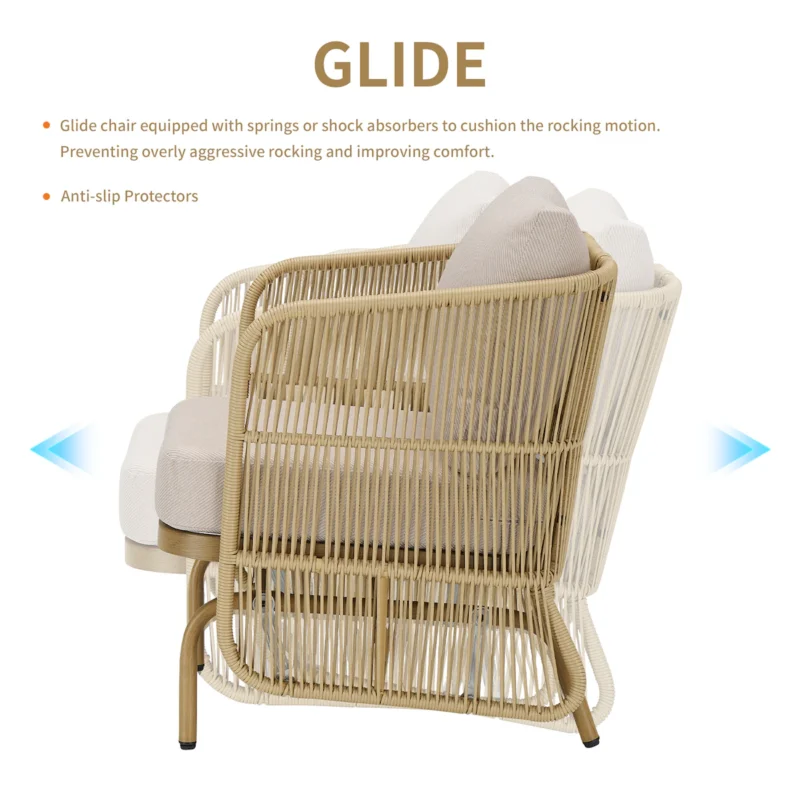 2-Person All-Weather PE Rattan Glider Loveseat with Coffee Table, Outdoor Patio Sofa Set with Beige Cushions (Weather-Resistant) - Image 4