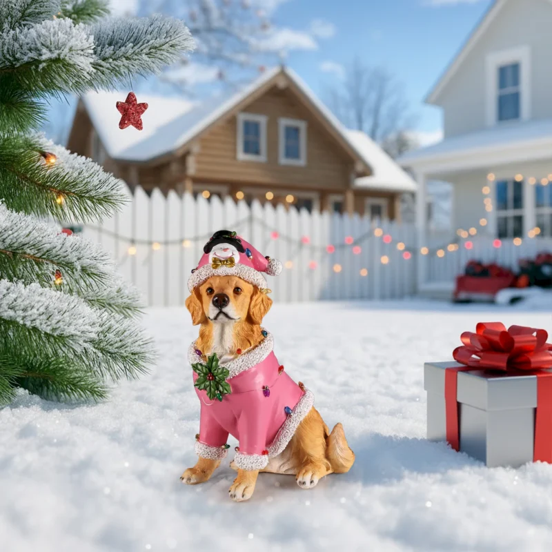 Christmas Golden Retriever Statue, Holiday Dog Figurine in Pink Santa Outfit - Image 6