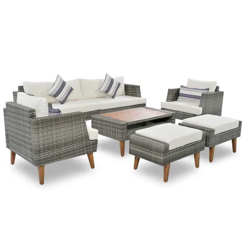 6-Pieces All Weather PE Wicker Sofa Set, Outdoor Rattan sofa With Double Cushions, Wood Legs Wood Table Top, Beige and Gray - Image 6