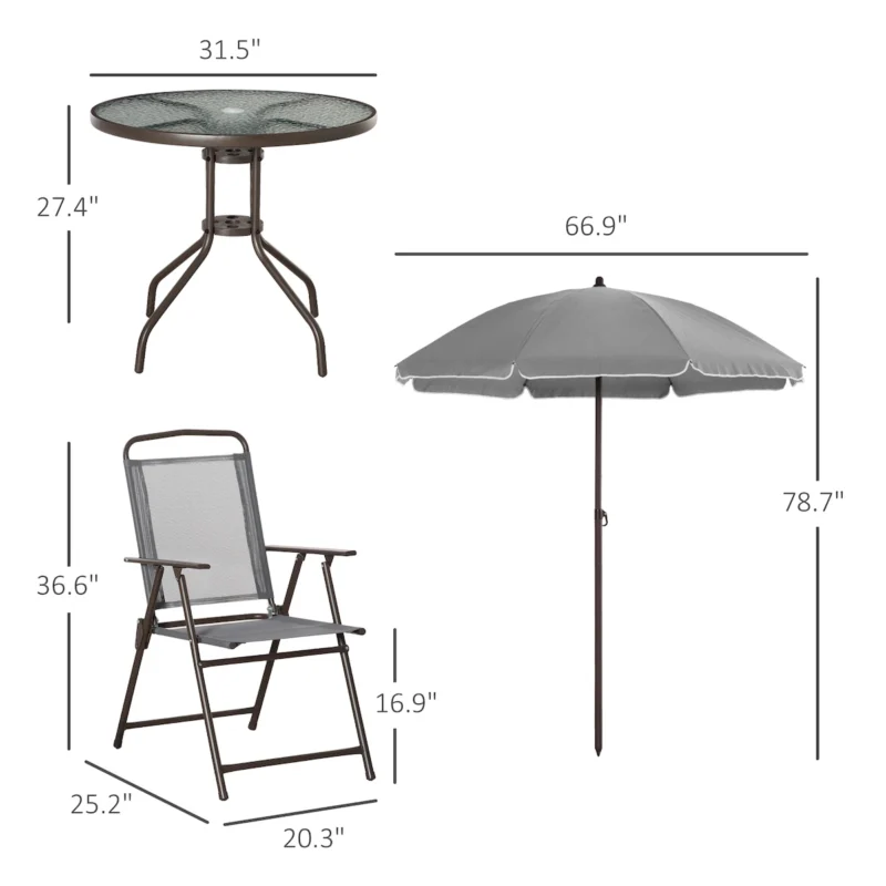 Outsunny 6 Piece Patio Dining Set for 4 with Umbrella, Outdoor Table and Chairs with 4 Folding Dining Chairs & Round Glass Table for Garden, Backyard and Poolside, Gray - Image 4