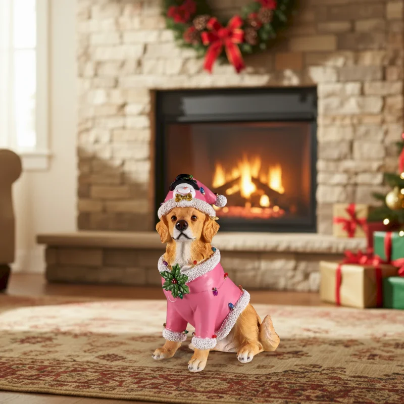 Christmas Golden Retriever Statue, Holiday Dog Figurine in Pink Santa Outfit - Image 7
