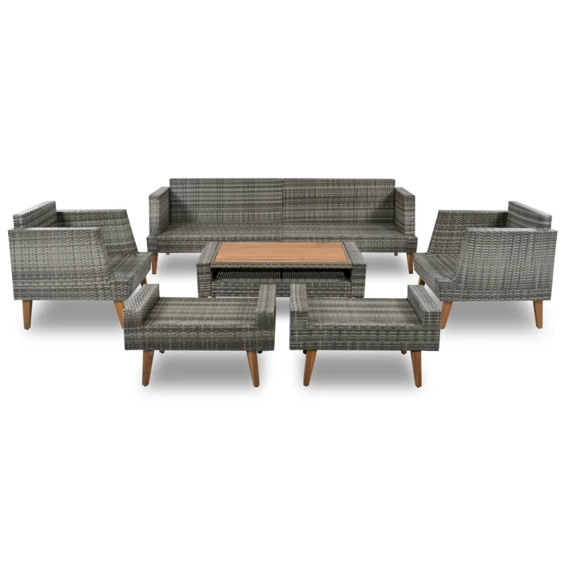 6-Pieces All Weather PE Wicker Sofa Set, Outdoor Rattan sofa With Double Cushions, Wood Legs Wood Table Top, Beige and Gray - Image 7