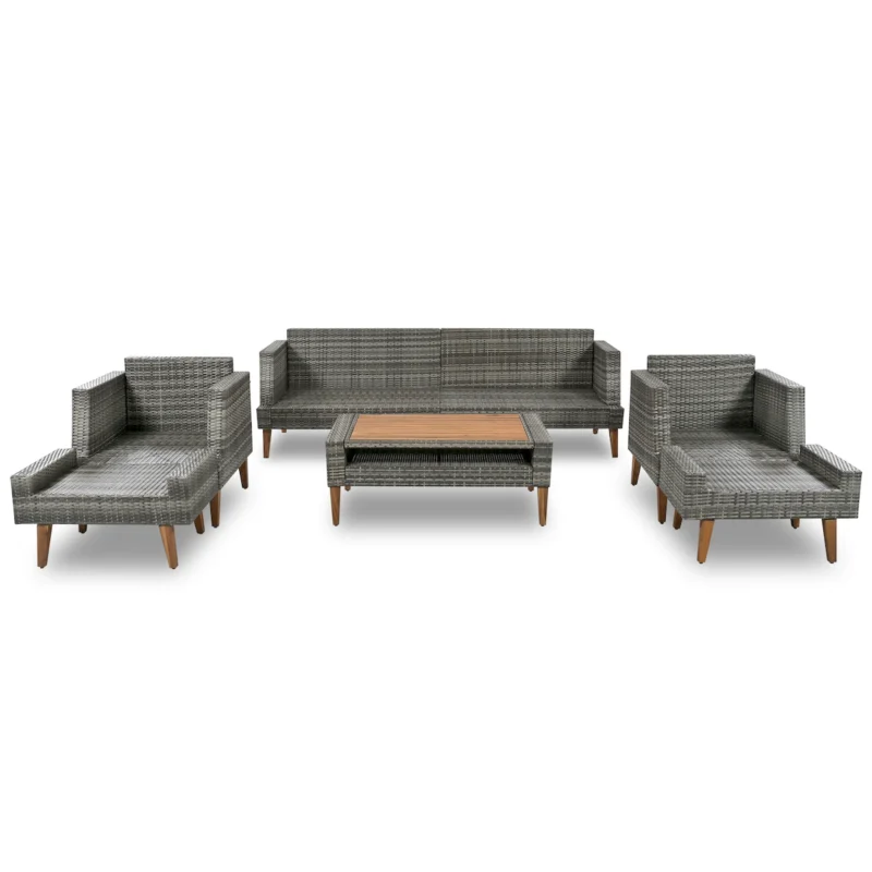 6-Pieces All Weather PE Wicker Sofa Set, Outdoor Rattan sofa With Double Cushions, Wood Legs Wood Table Top, Beige and Gray - Image 8