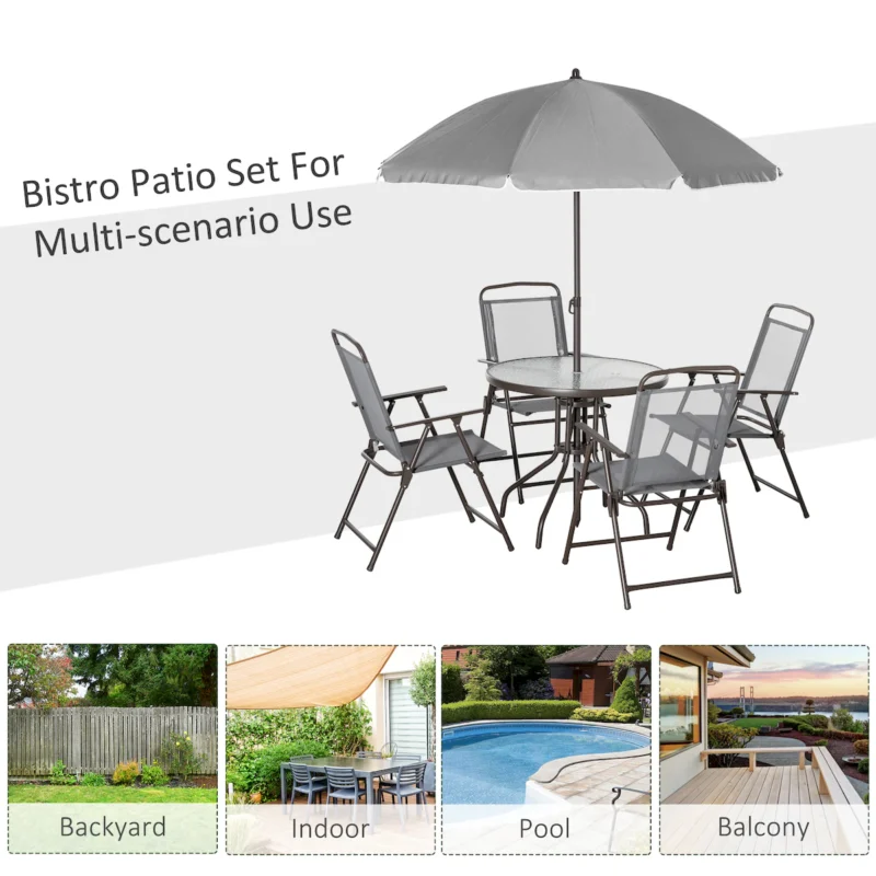 Outsunny 6 Piece Patio Dining Set for 4 with Umbrella, Outdoor Table and Chairs with 4 Folding Dining Chairs & Round Glass Table for Garden, Backyard and Poolside, Gray - Image 2