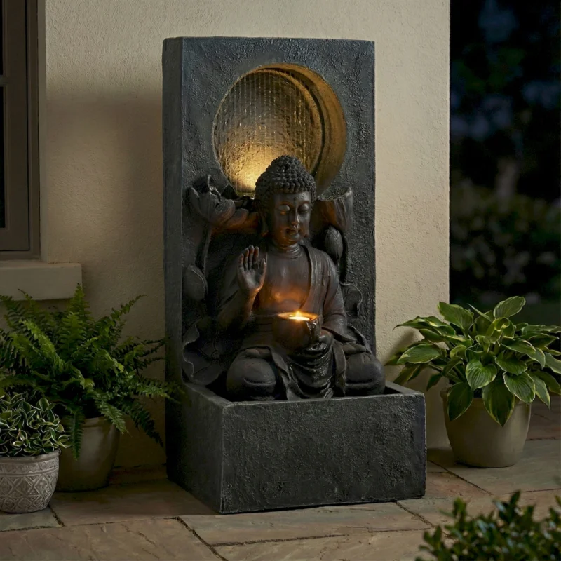 28" H Outdoor Buddha Waterfall Fountain, Freestanding Relaxing Water Feature, Asian Zen Fengshui Decor for Patio, Garden, Backyard, Deck & Home, Ideal Gift Led Fountain - Image 9