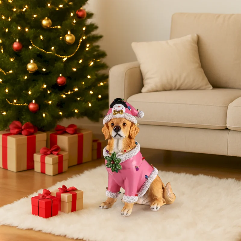 Christmas Golden Retriever Statue, Holiday Dog Figurine in Pink Santa Outfit - Image 9