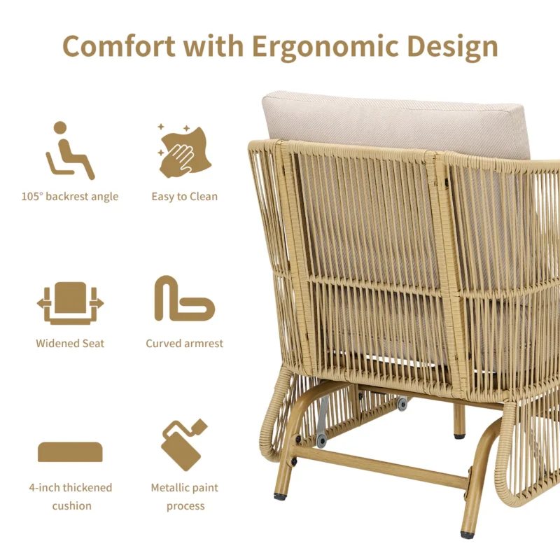 2-Person All-Weather PE Rattan Glider Loveseat with Coffee Table, Outdoor Patio Sofa Set with Beige Cushions (Weather-Resistant) - Image 2