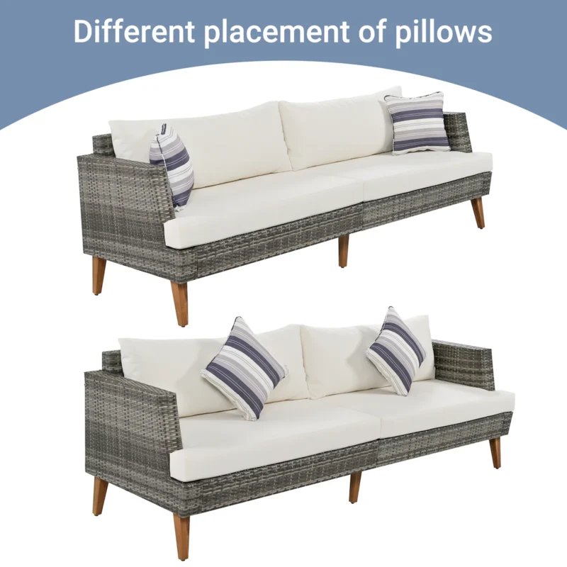6-Pieces All Weather PE Wicker Sofa Set, Outdoor Rattan sofa With Double Cushions, Wood Legs Wood Table Top, Beige and Gray - Image 9
