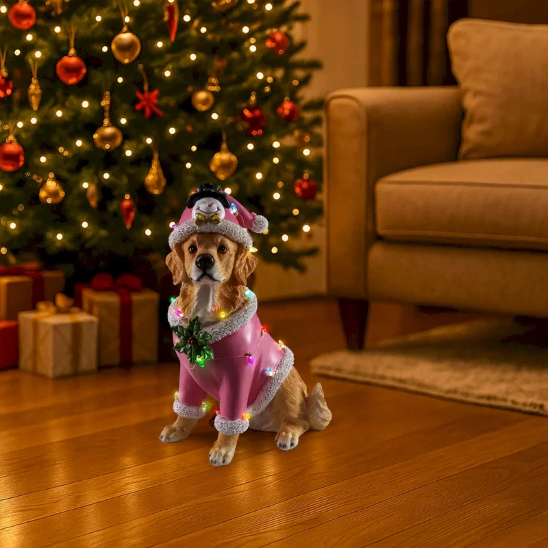 Christmas Golden Retriever Statue, Holiday Dog Figurine in Pink Santa Outfit - Image 10