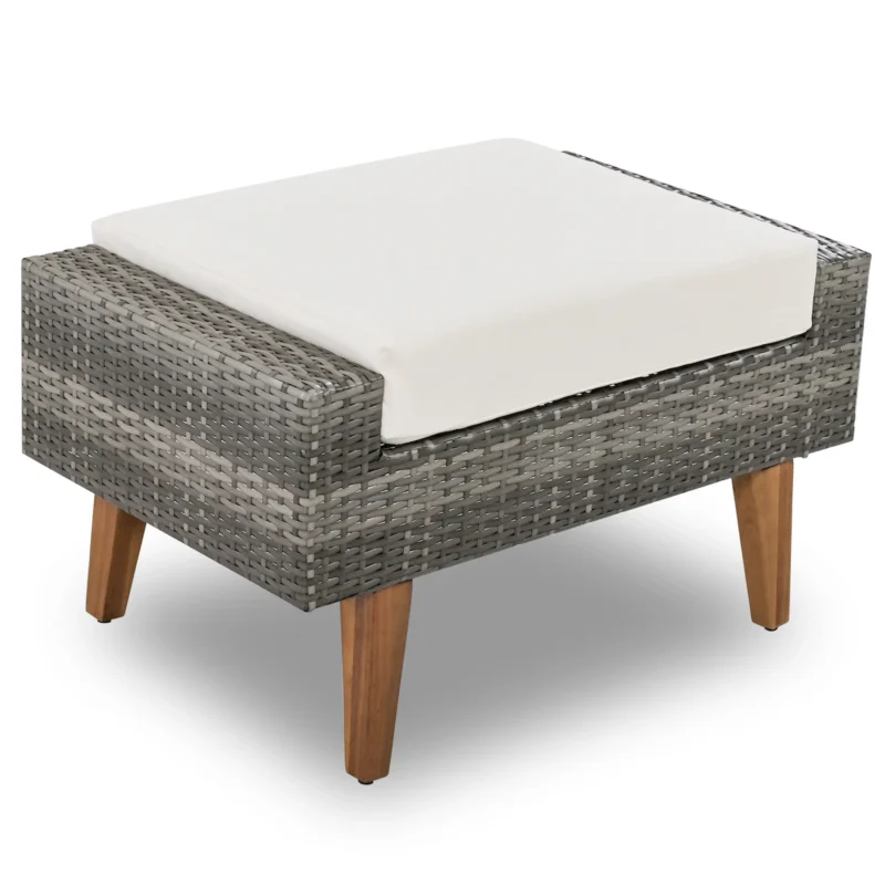 6-Pieces All Weather PE Wicker Sofa Set, Outdoor Rattan sofa With Double Cushions, Wood Legs Wood Table Top, Beige and Gray - Image 10