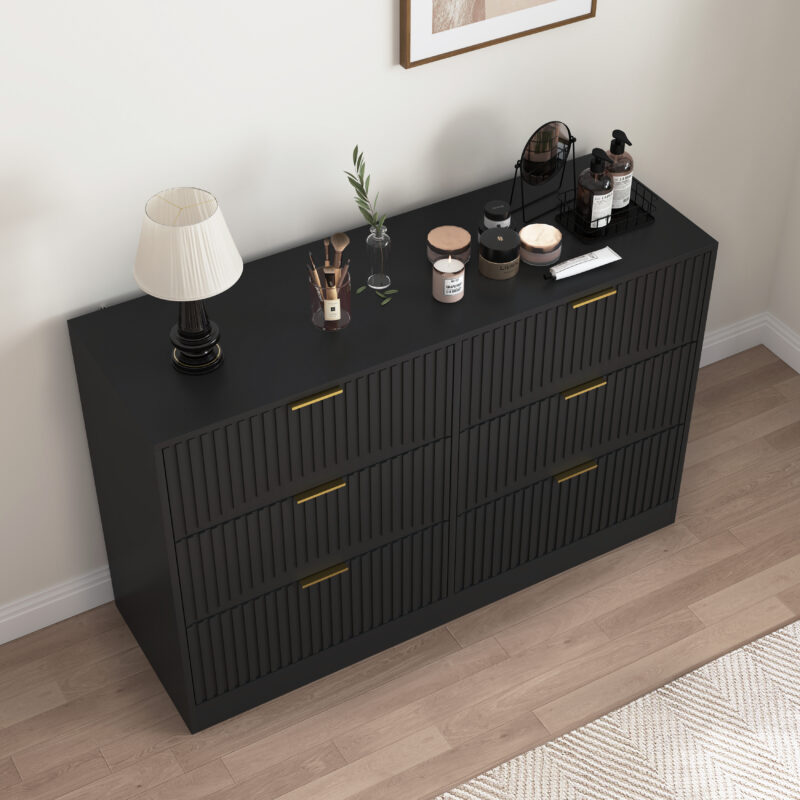 Modern 6-Drawer Dresser, Chest of Drawers for Bedroom, Living Room, Hallway, and Entryway - Large Storage Cabinet, Black,Drawer panel with wavy patterns - Image 5