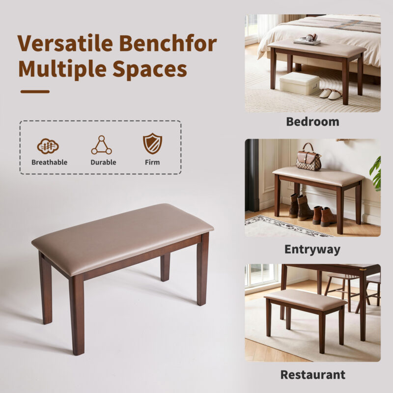 Solid Wood Frame Bench with Soft Breathable Tech Fabric Cushion, Heavy Duty Farmhouse Upholstered Stool, Multi-use Furniture for Dining Room, Entryway, Bedroom, Living Room and Apartment Extra Seating - Image 2