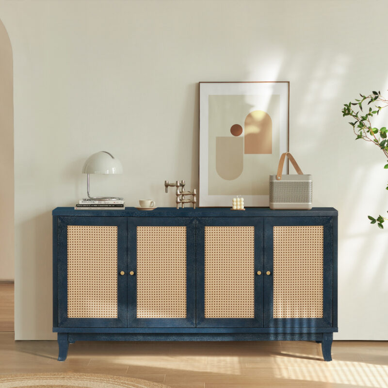 Handcrafted Premium Grain Panels,Rattan Sideboard Buffer Cabinet,Accent Storage Cabinet With 4 Rattan Doors, Modern Storage Cupboard Console Table with Adjustable Shelves for Living Room - Image 3