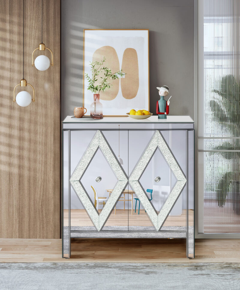 Storage Cabinet With Mirror Trim And Diamond Shape Design Spliced Combination For Living Room, Dining Room, Entryway, Kitchen - Image 4