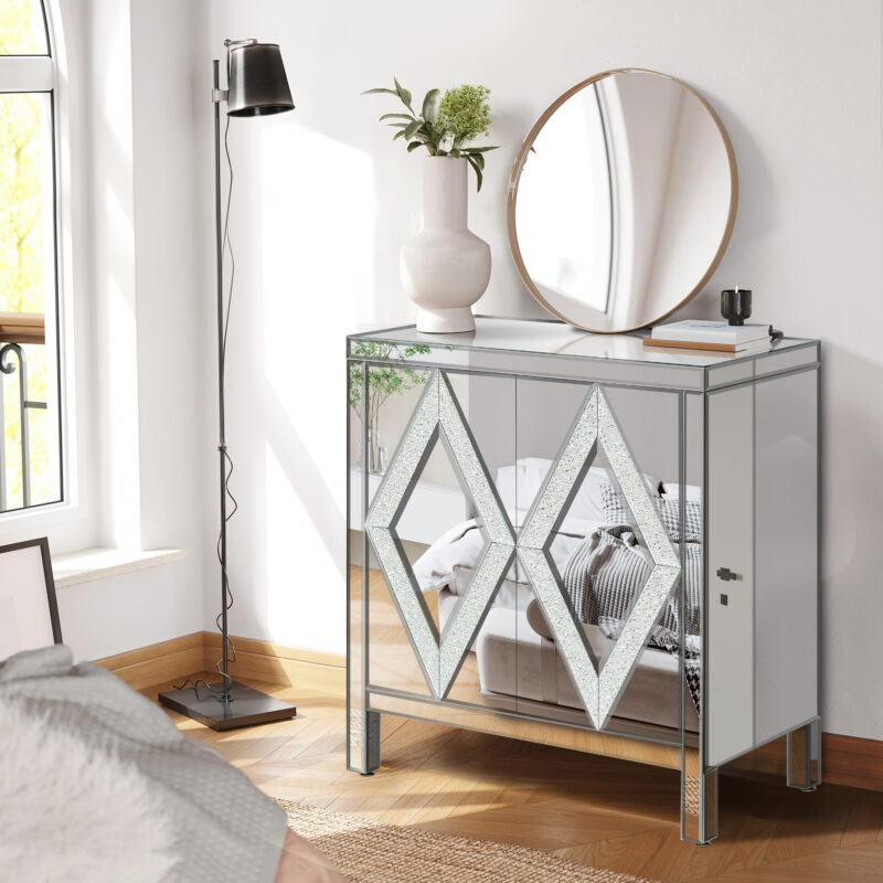 Storage Cabinet With Mirror Trim And Diamond Shape Design Spliced Combination For Living Room, Dining Room, Entryway, Kitchen - Image 3