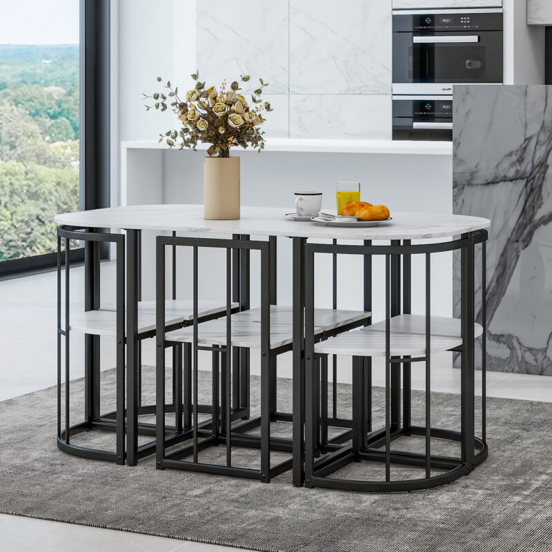 TOPMAX Modern 7-Piece Dining Table Set with Faux Marble Compact 55Inch Kitchen Table Set for 6 - Image 2