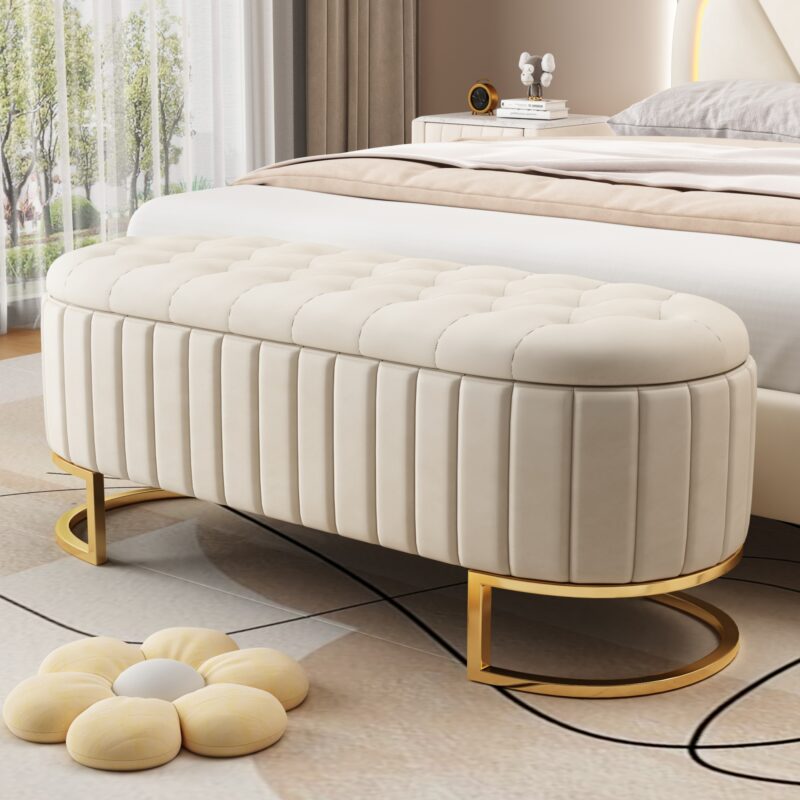 Elegant Upholstered Velvet Storage Ottoman with Button-Tufted,Storage Bench with Metal Legs for Bedroom,Living Room,Fully Assembled Except Legs - Image 8