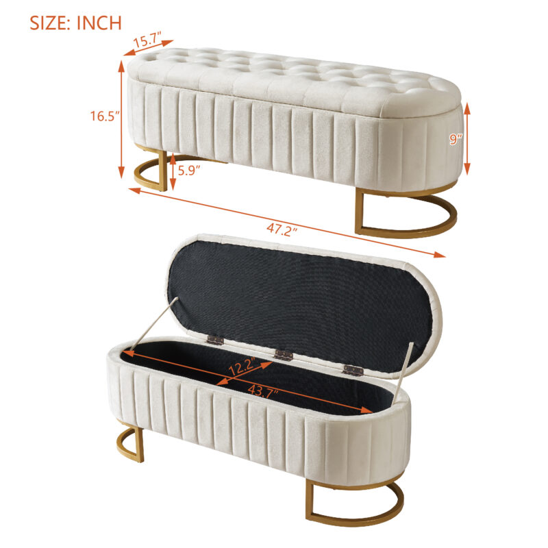 Elegant Upholstered Velvet Storage Ottoman with Button-Tufted,Storage Bench with Metal Legs for Bedroom,Living Room,Fully Assembled Except Legs - Image 9