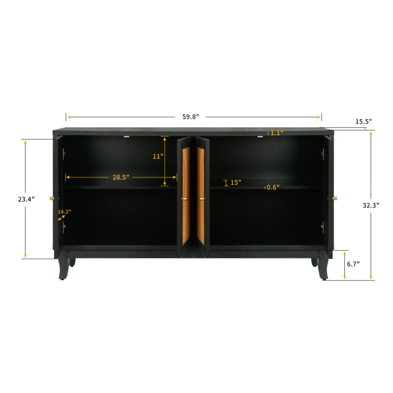 Handcrafted Premium Grain Panels,Rattan Sideboard Buffer Cabinet,Accent Storage Cabinet With 4 Rattan Doors, Modern Storage Cupboard Console Table with Adjustable Shelves for Living Room - Image 10
