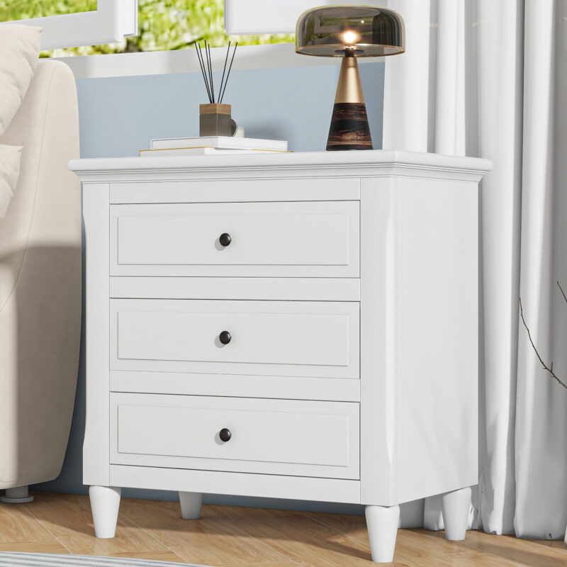 U_STYLE 28''Pine Wood Nightstand with 3 Drawers and Smooth Gliding Rails ,Simple Bedside Cabinet with Metal handle, Minimalist Sofa Side Table with rubber legs for Bedroom Sofa Couch Office - Image 7
