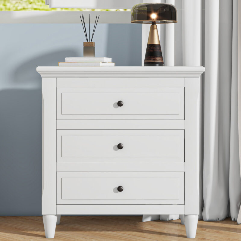 U_STYLE 28''Pine Wood Nightstand with 3 Drawers and Smooth Gliding Rails ,Simple Bedside Cabinet with Metal handle, Minimalist Sofa Side Table with rubber legs for Bedroom Sofa Couch Office - Image 8