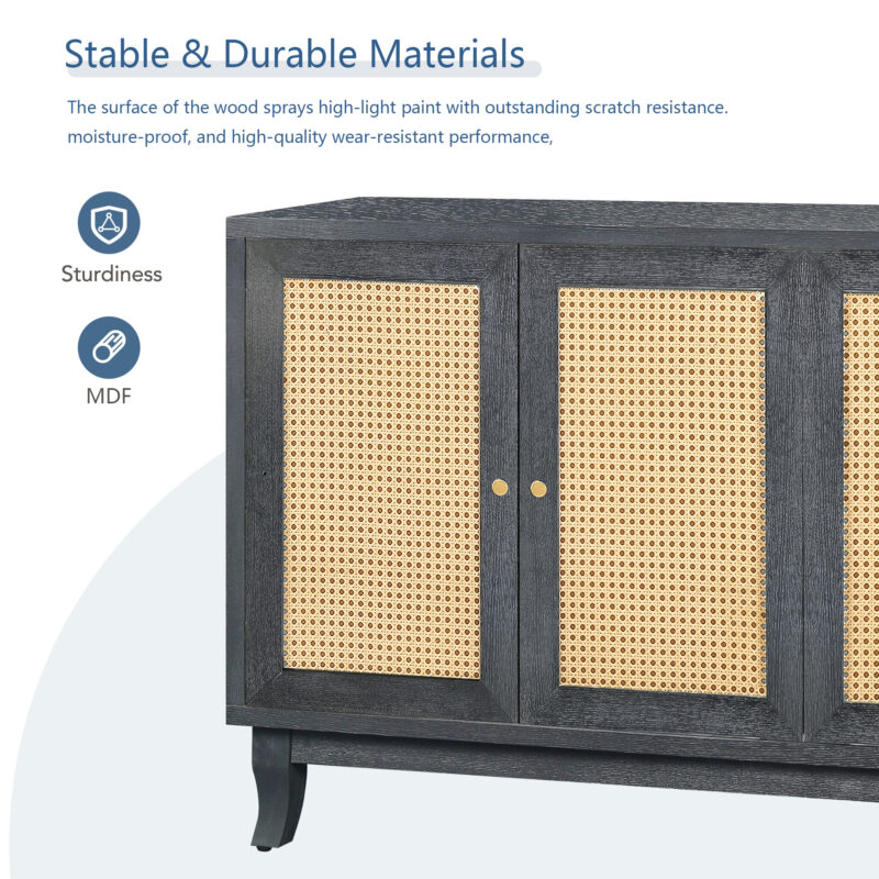 Handcrafted Premium Grain Panels,Rattan Sideboard Buffer Cabinet,Accent Storage Cabinet With 4 Rattan Doors, Modern Storage Cupboard Console Table with Adjustable Shelves for Living Room - Image 8
