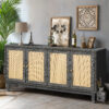Handcrafted Premium Grain Panels,Rattan Sideboard Buffer Cabinet,Accent Storage Cabinet With 4 Rattan Doors, Modern Storage Cupboard Console Table with Adjustable Shelves for Living Room - Image 6