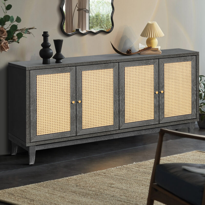 Handcrafted Premium Grain Panels,Rattan Sideboard Buffer Cabinet,Accent Storage Cabinet With 4 Rattan Doors, Modern Storage Cupboard Console Table with Adjustable Shelves for Living Room - Image 5