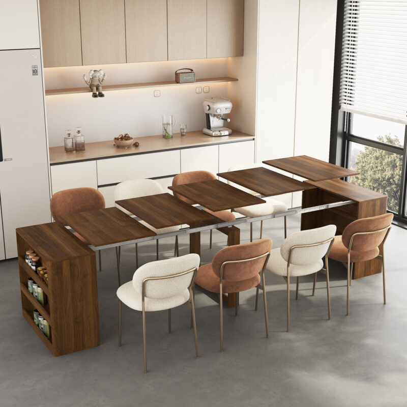 Extendable Foldable Dining Room Table for 1-10 People, Wood Multifunctional Rectangle Expandable Console Kitchen Living Meeting Room Furniture - Image 3