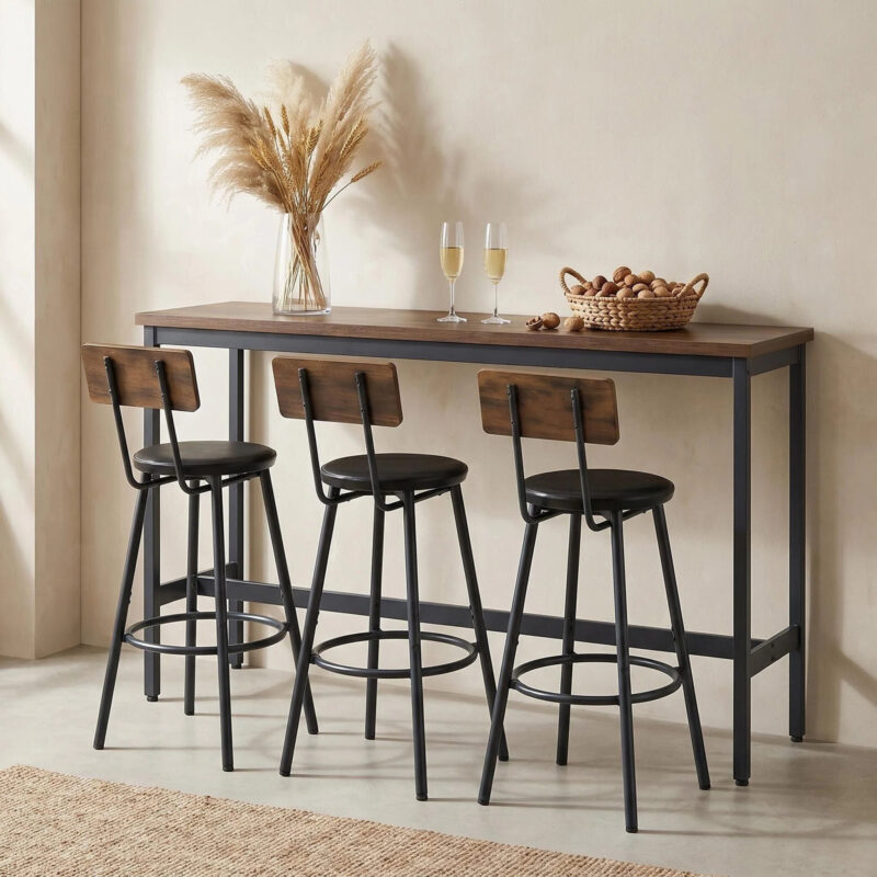 Bar Table and Chairs Set for 3, 4 Piece Industrial Dining Table Set with 3 PU Upholstered Bar Stools, Bar Table Set for Kitchen, Dining Room, Living Room, Bar, Cafe, Small Space Corner, Rustic Brown - Image 13