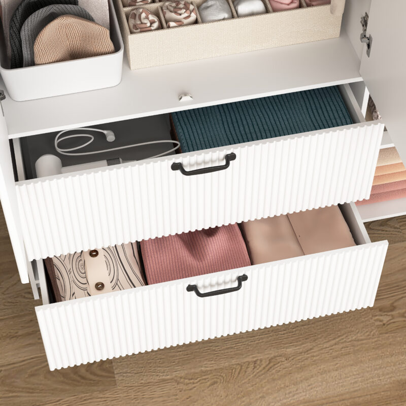 4 Doors Wardrobe Closet with Mirror, LED Wardrobe with Doors and 2 Drawers, Wooden Wardrobe Storage Cabinet with Hanging Rod, Adjustable Shelves - Image 3