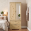 2 Door Wood Wardrobe for Bedroom with Hanging Clothing Rod inside the Cabinet and 2 Drawers for Storage Organization, Built-in induction light Multifunctional Closet with Mirror - Image 14