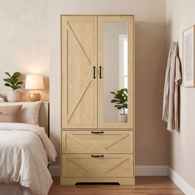 2 Door Wood Wardrobe for Bedroom with Hanging Clothing Rod inside the Cabinet and 2 Drawers for Storage Organization, Built-in induction light Multifunctional Closet with Mirror - Image 14