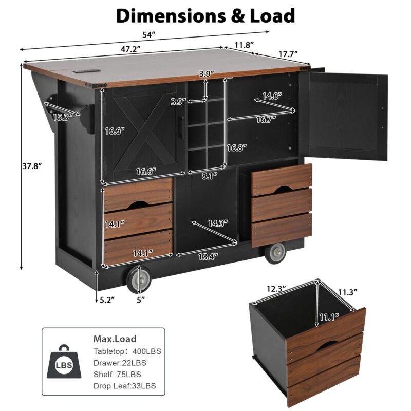 K&K 54" Farmhouse Kitchen Island with Drop Leaf, Power Outlet, Kitchen Storage Cart with 2 Doors, 2 Drawers, Rolling Kitchen Island on 4 Large Wheels with Spice Rack for Kitchen, Dining Room - Image 6